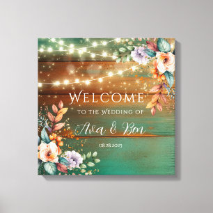 Teal Copper Wood Floral Light Wedding Welcome Sign