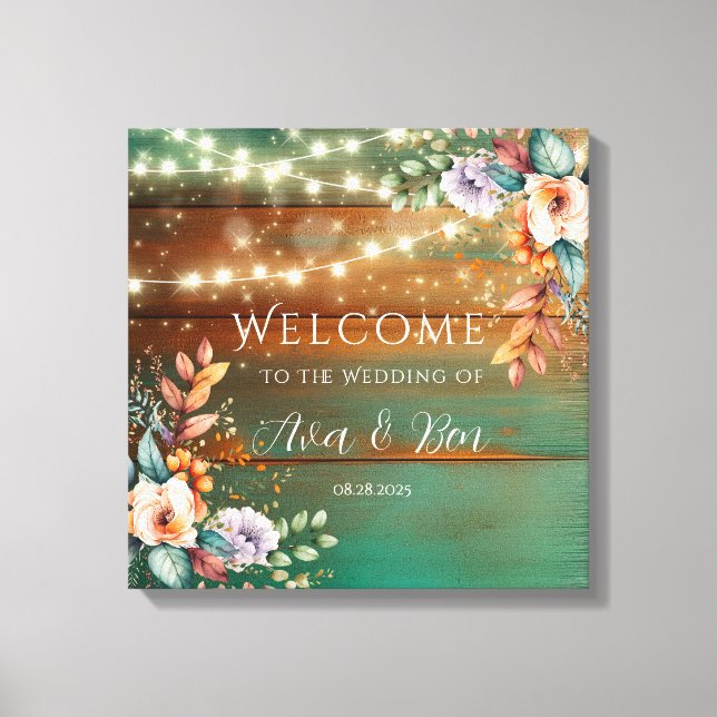 Teal Copper Wood Floral Light Wedding Welcome Sign (Front)