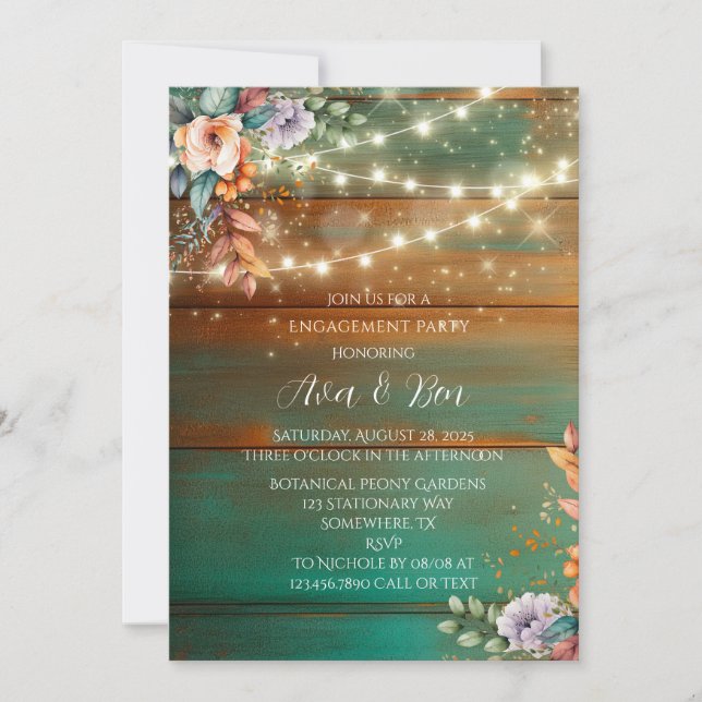 Teal Copper Wood Peony Light Engagement Party Invitation (Front)