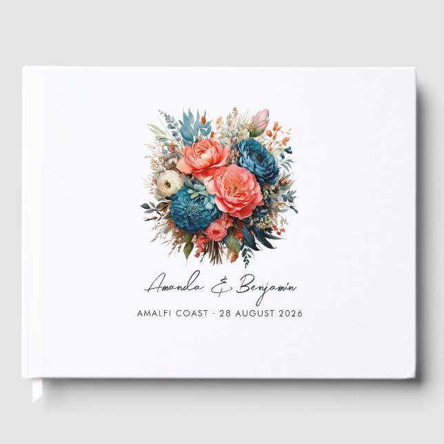 Teal, Coral, and Champagne Floral Wedding Guest Book (Front)