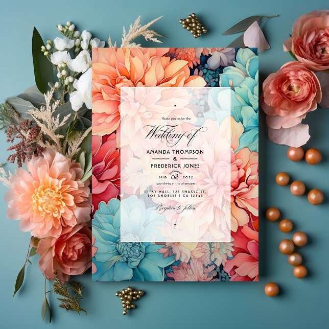 Teal, Coral, and Champagne Floral Wedding Invitation (Creator Uploaded)
