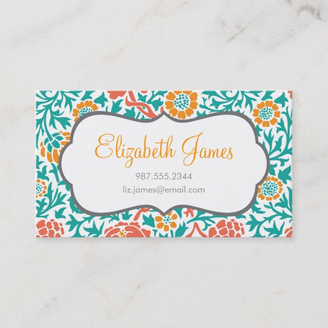 Teal Coral and Orange Retro Floral Damask Business Card (Front)
