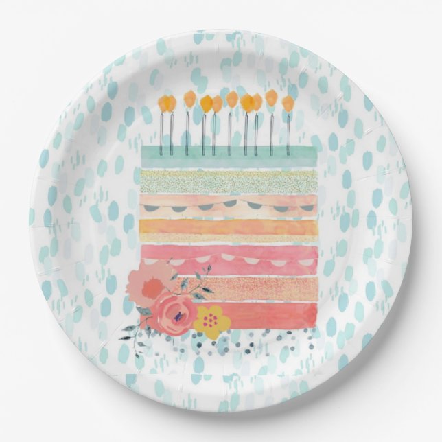 Teal & Coral Birthday Cake Party Paper Plates (Front)