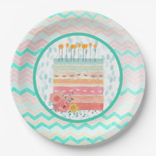 Teal & Coral Birthday Cake Party Paper Plates
