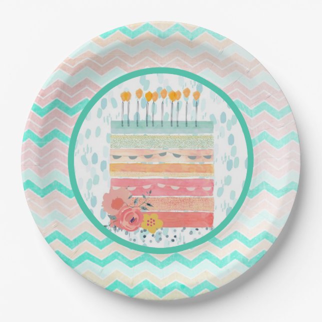 Teal & Coral Birthday Cake Party Paper Plates (Front)