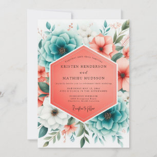 Teal Coral Bloom Romance Wedding Invitation