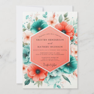 Teal Coral Blossom Romance Wedding Invitation