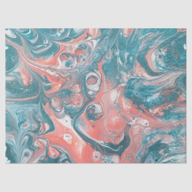 Teal Coral Blue White Abstract Decoupage Tissue Paper (Front)