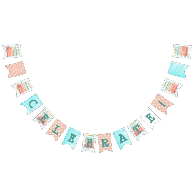 Teal & Coral Celebrate Birthday Party Flag Banner (All)
