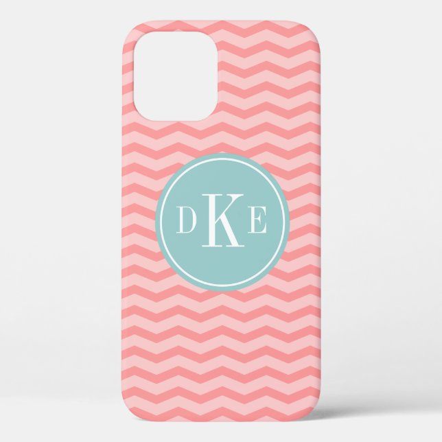 Teal coral chevron 3 letter monogram iPhone case (Back)
