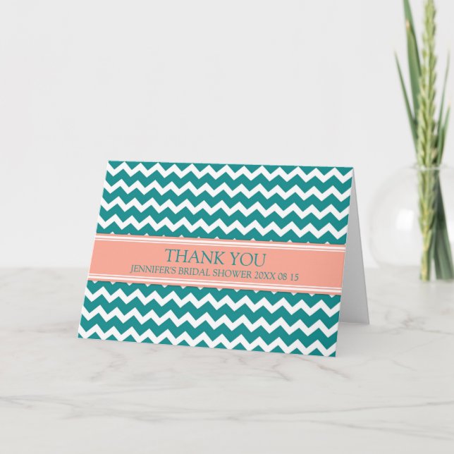 Teal Coral Chevron Bridal Shower Thank You Card (Front)