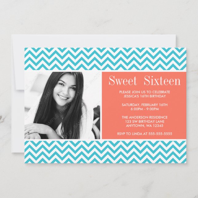 Teal Coral Chevron Sweet 16 Birthday Photo Invitation (Front)