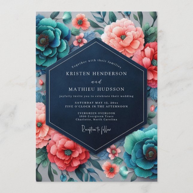 Teal Coral Chromatic Flora Wedding Invitation (Front)