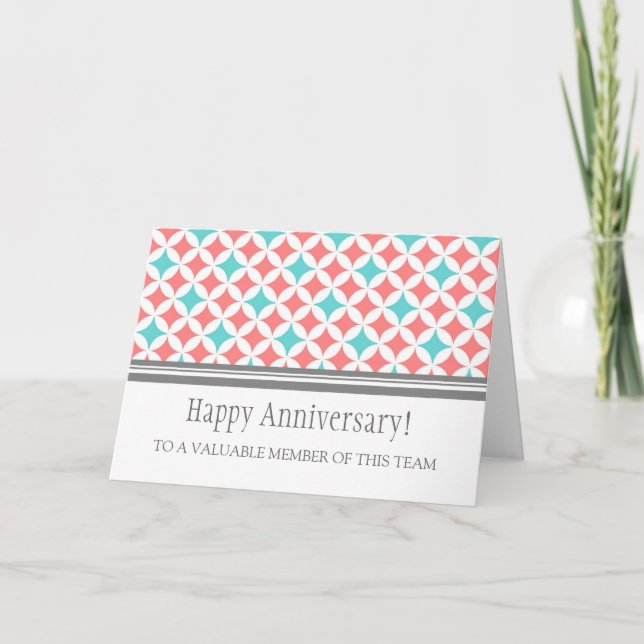 Teal Coral Circles Employee Anniversary Card (Front)