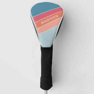 Teal Coral Colorblock Stripes Personalised Name Golf Head Cover