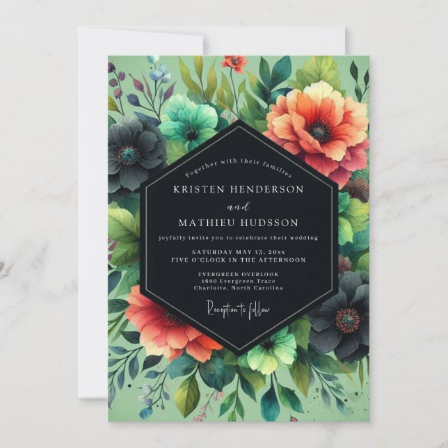 Teal Coral Dramatic Bloom Wedding Invitation (Front)