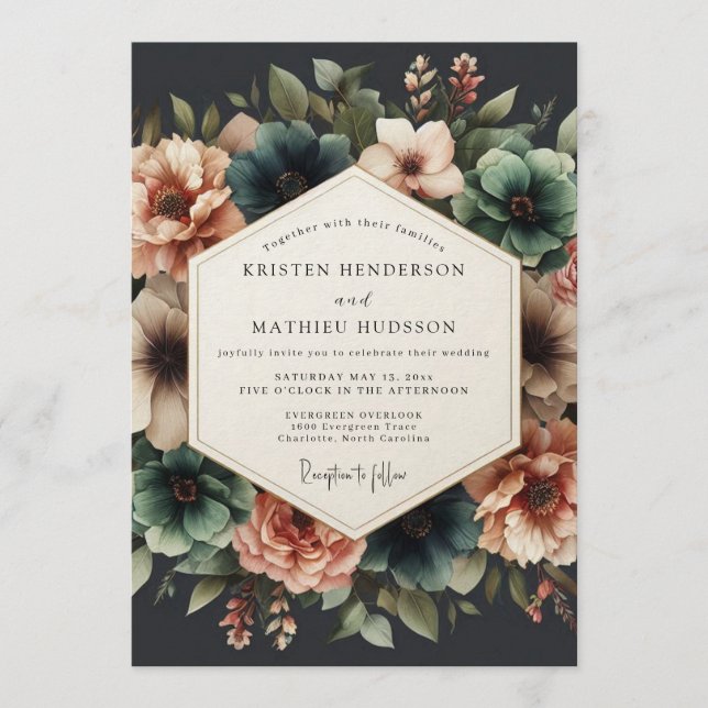 Teal & Coral Dramatic Floral Wedding Invitation (Front)