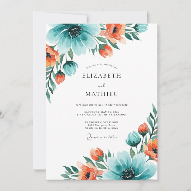 Teal Coral Exhilarating Summer Wedding Invitation (Front)