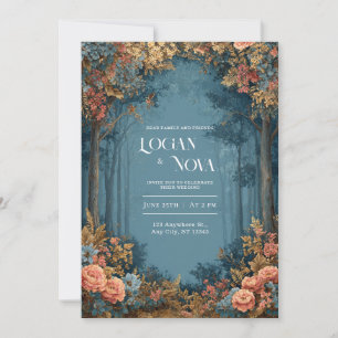 Teal Coral Floral Bohemian Forest Wedding Invitation