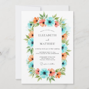 Teal Coral Floral Meadow Wedding Invitation
