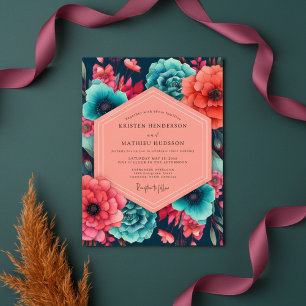 Teal Coral Floral Opulence Wedding Invitation