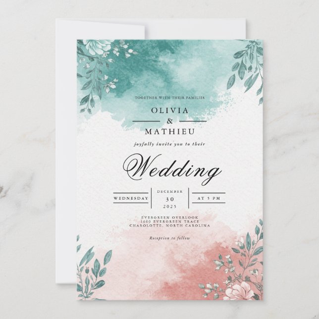 Teal Coral Floral Splash Wedding Invitation (Front)