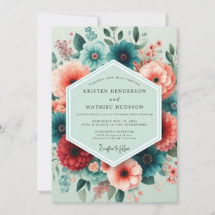 Teal Coral Flourish Wedding Invitation
