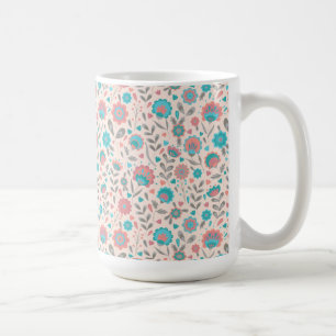 Teal & Coral Folk Art Floral Pattern Coffee Mug