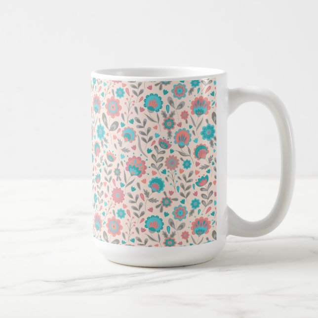 Teal & Coral Folk Art Floral Pattern Coffee Mug (Right)