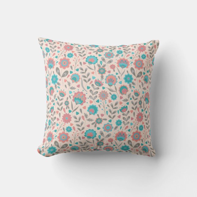 Teal & Coral Folk Art Floral Pattern Cushion (Front)