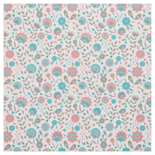 Teal & Coral Folk Art Floral Pattern Fabric (Swatch)