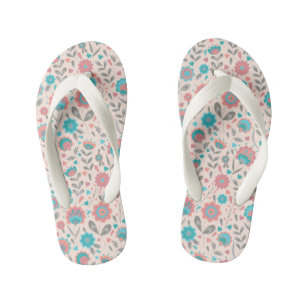 Teal & Coral Folk Art Floral Pattern Kid's Flip Flops