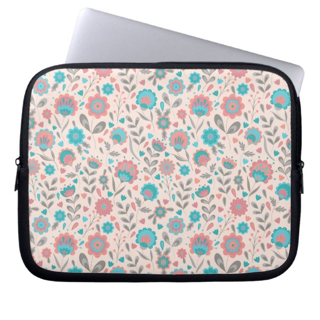 Teal & Coral Folk Art Floral Pattern Laptop Sleeve (Front)