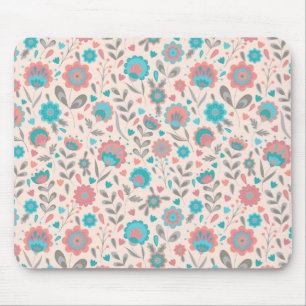Teal & Coral Folk Art Floral Pattern Mouse Mat