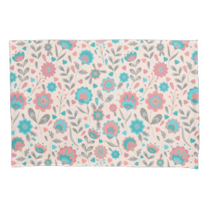 Teal & Coral Folk Art Floral Pattern Pillowcase