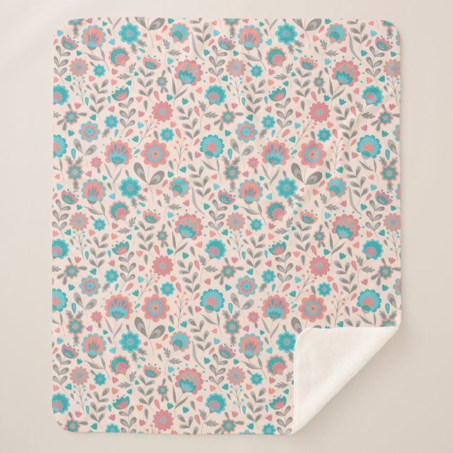 Teal & Coral Folk Art Floral Pattern Sherpa Blanket (Front)