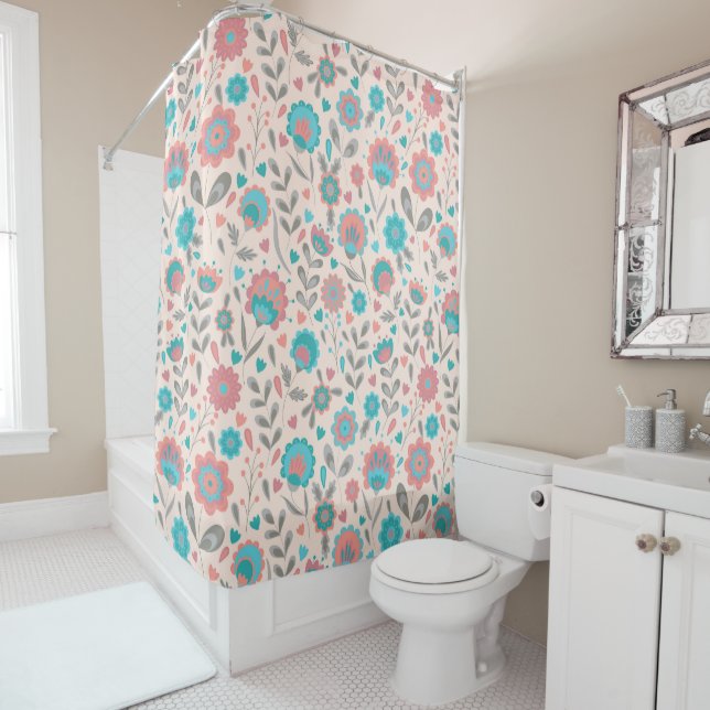 Teal & Coral Folk Art Floral Pattern Shower Curtain (In Situ)