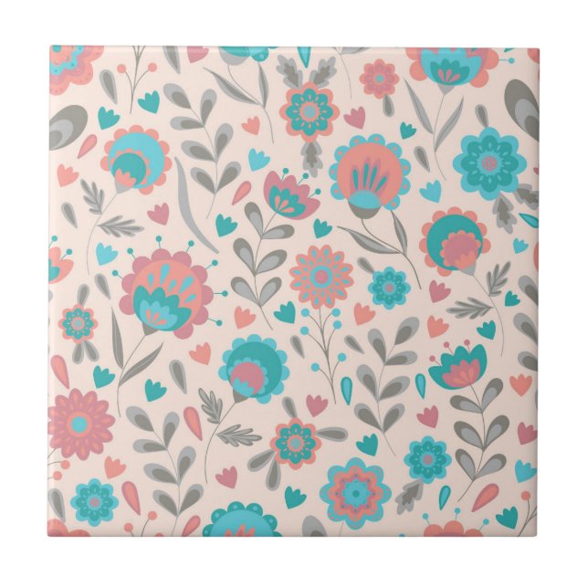 Teal & Coral Folk Art Floral Pattern Tile (Front)