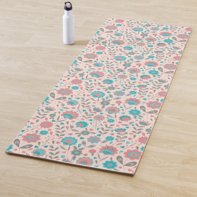 Teal & Coral Folk Art Floral Pattern Yoga Mat (In Situ)