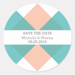 Teal Coral Geometric Triad Save the Date Stickers