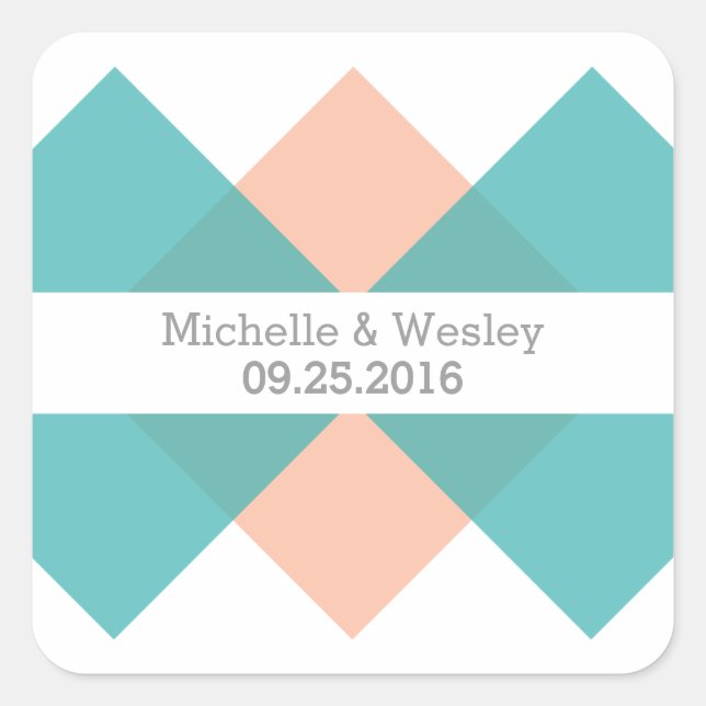 Teal Coral Geometric Triad Wedding Stickers (Front)
