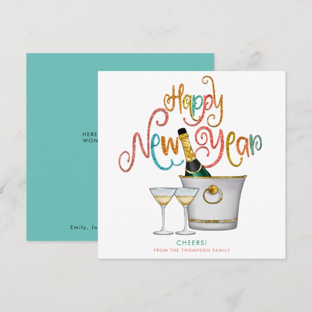 Teal Coral Gold Glitter Happy New Year Champagne Holiday Card (Front/Back)