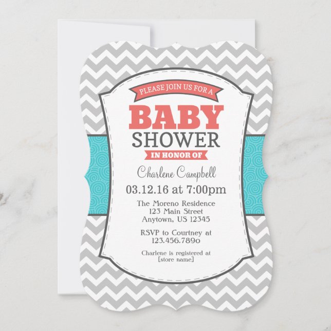 Teal Coral Grey Chevron Baby Shower Invitation (Front)