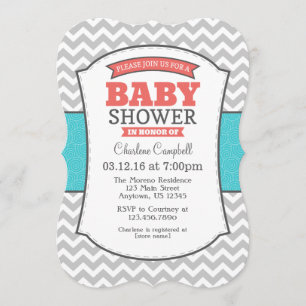 Teal Coral Grey Chevron Baby Shower Invitation