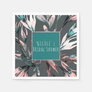 Teal Coral Grey Watercolor Botanical Glam Elegant Napkin