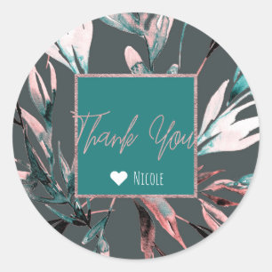 Teal Coral Grey Watercolor Botanical Glam Wedding Classic Round Sticker