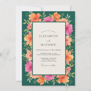 Teal Coral Hibiscus Eucalyptus Wedding Invitation