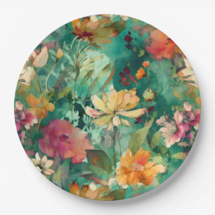 Teal, Coral & Mauve Modern Art Floral Paper Plate