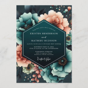 Teal Coral Moody Bloom Wedding Invitation
