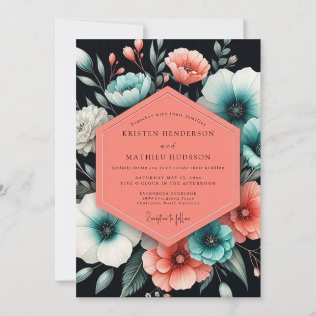 Teal Coral Moody Flora Wedding Invitation (Front)